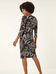 Roman Brown Abstract Print Ruched Midi Stretch Dress - Image 3 of 5