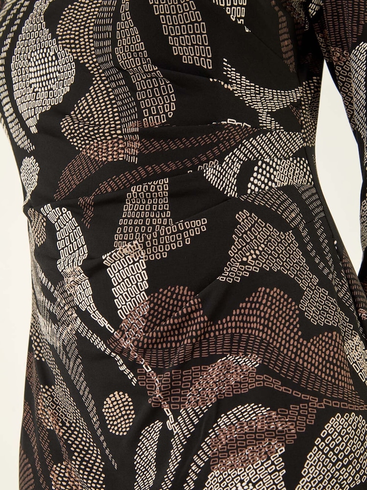Roman Brown Abstract Print Ruched Midi Stretch Dress - Image 5 of 5