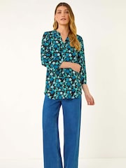 Roman Blue Abstract V-Neck Stretch Blouse - Image 1 of 5