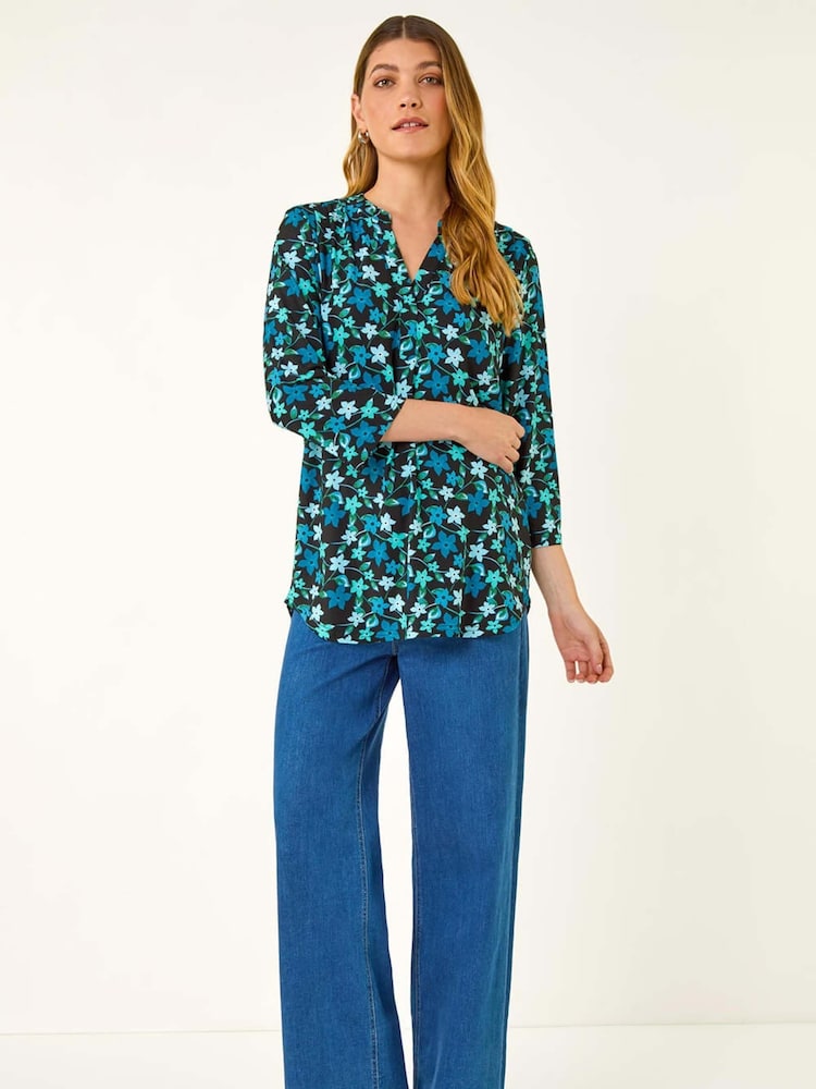 Roman Blue Abstract V-Neck Stretch Blouse - Image 1 of 5
