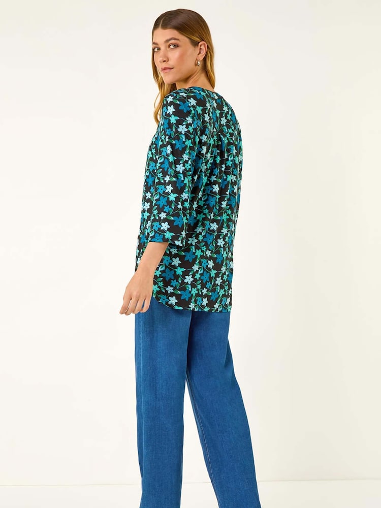 Roman Blue Abstract V-Neck Stretch Blouse - Image 2 of 5