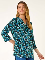 Roman Blue Abstract V-Neck Stretch Blouse - Image 3 of 5