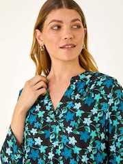 Roman Blue Abstract V-Neck Stretch Blouse - Image 4 of 5