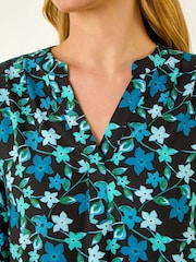 Roman Blue Abstract V-Neck Stretch Blouse - Image 5 of 5
