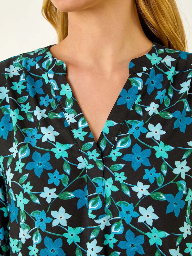 Roman Blue Abstract V-Neck Stretch Blouse - Image 5 of 5