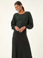 Roman Green Shimmer Pleated Knit Midi Dress - Image 2 of 5
