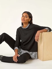 Roman Black Abstract Print Trim Tunic - Image 2 of 5