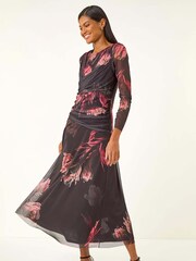 Roman Black Floral Mesh Stretch Midi Dress - Image 1 of 5