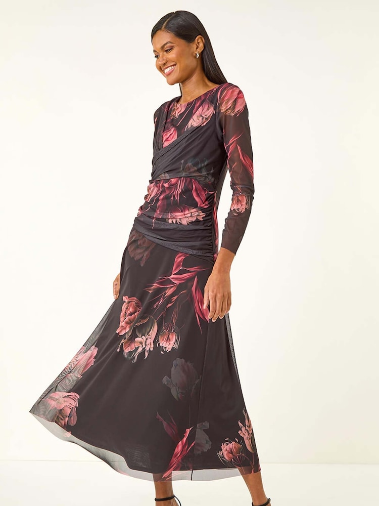 Roman Black Floral Mesh Stretch Midi Dress - Image 1 of 5 Roman Black Floral Mesh Stretch Midi Dress - Image 1 of 5