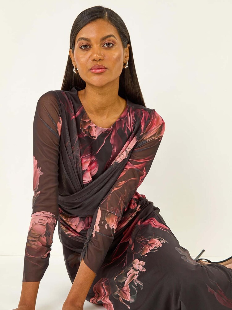 Roman Black Floral Mesh Stretch Midi Dress - Image 2 of 5 Roman Black Floral Mesh Stretch Midi Dress - Image 2 of 5
