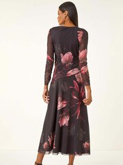 Roman Black Floral Mesh Stretch Midi Dress - Image 3 of 5