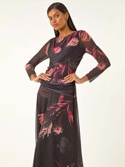 Roman Black Floral Mesh Stretch Midi Dress - Image 4 of 5