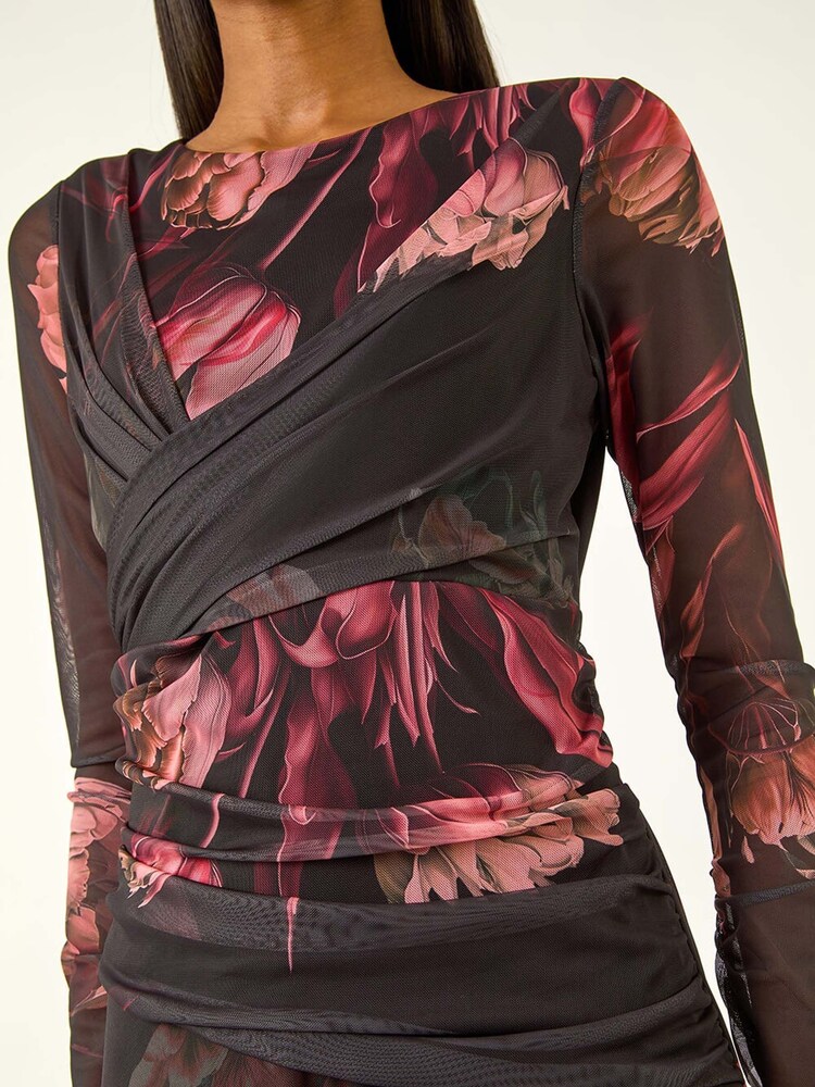 Roman Black Floral Mesh Stretch Midi Dress - Image 5 of 5 Roman Black Floral Mesh Stretch Midi Dress - Image 5 of 5