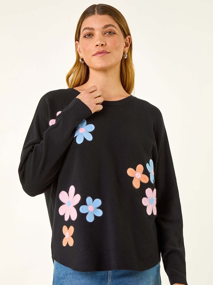 Roman Black Floral Embroidery Knit Jumper - Image 1 of 5 Roman Black Floral Embroidery Knit Jumper - Image 1 of 5