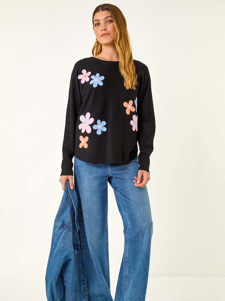 Roman Black Floral Embroidery Knit Jumper - Image 2 of 5 Roman Black Floral Embroidery Knit Jumper - Image 2 of 5