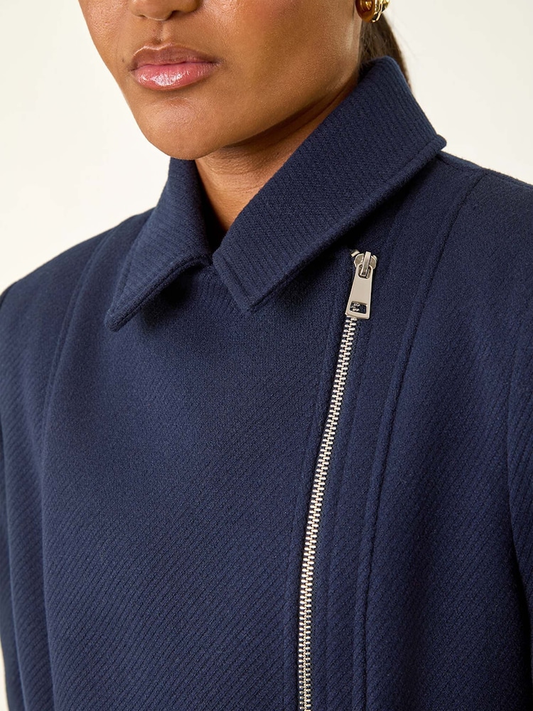 Roman Blue Longline Biker Coat - Image 5 of 5 Roman Blue Longline Biker Coat - Image 5 of 5