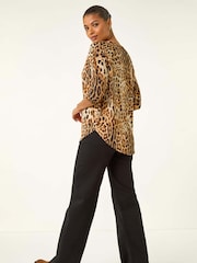 Roman Brown Animal Print Raglan Stretch Tunic Top - Image 2 of 5