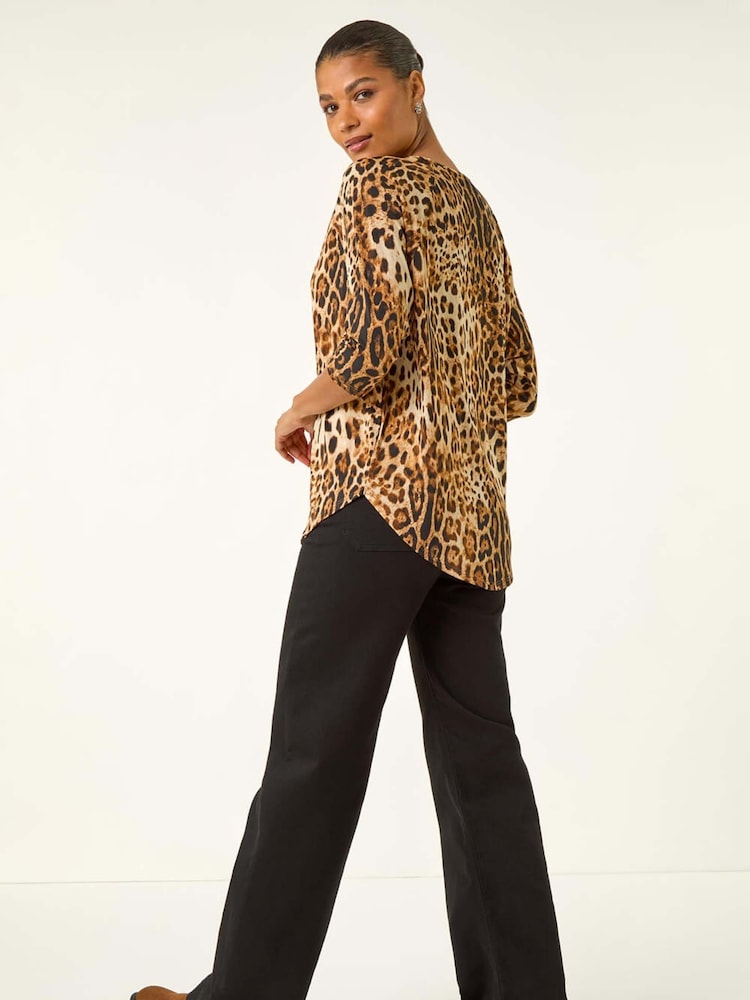 Roman Brown Animal Print Raglan Stretch Tunic Top - Image 2 of 5 Roman Brown Animal Print Raglan Stretch Tunic Top - Image 2 of 5