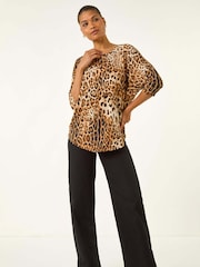 Roman Brown Animal Print Raglan Stretch Tunic Top - Image 3 of 5
