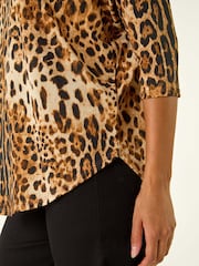 Roman Brown Animal Print Raglan Stretch Tunic Top - Image 5 of 5