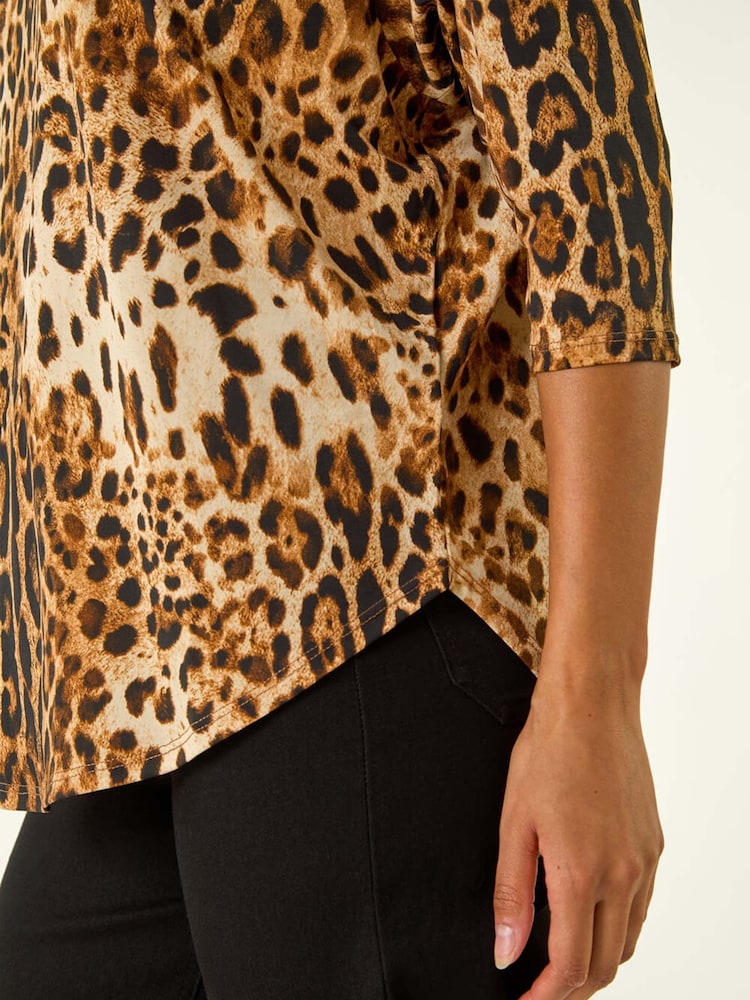 Roman Brown Animal Print Raglan Stretch Tunic Top - Image 5 of 5