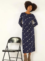 Roman Blue Floral Gathered Waist Midi Dress - Image 1 of 5