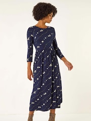 Roman Blue Floral Gathered Waist Midi Dress - Image 2 of 5