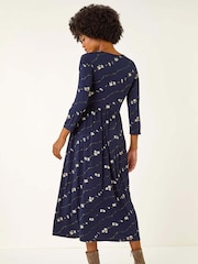 Roman Blue Floral Gathered Waist Midi Dress - Image 3 of 5