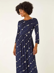 Roman Blue Floral Gathered Waist Midi Dress - Image 4 of 5