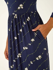 Roman Blue Floral Gathered Waist Midi Dress - Image 5 of 5