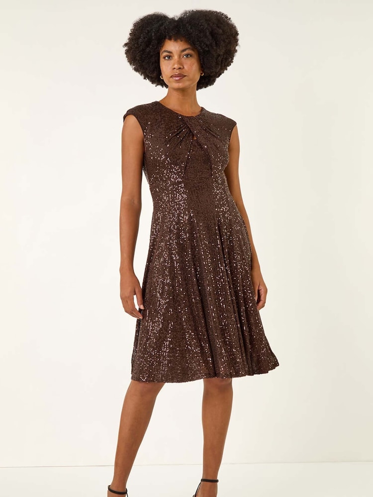 Roman Brown Sequin Twist Front Stretch Dress - Image 1 of 5