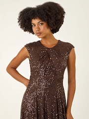 Roman Brown Sequin Twist Front Stretch Dress - Image 4 of 5