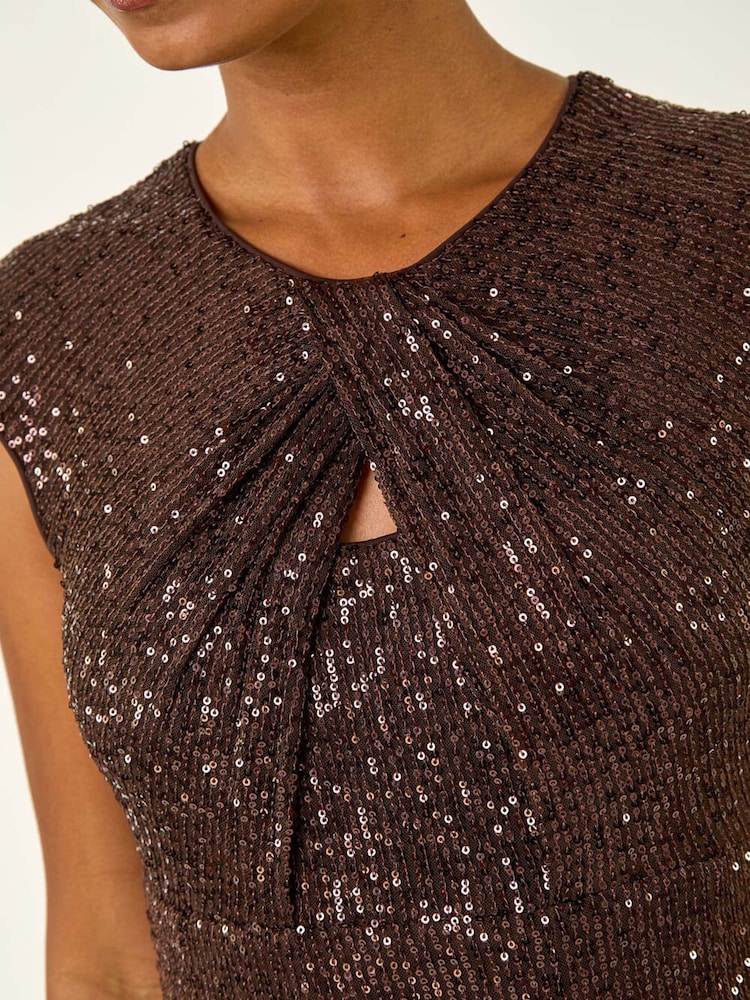 Roman Brown Sequin Twist Front Stretch Dress - Image 5 of 5 Roman Brown Sequin Twist Front Stretch Dress - Image 5 of 5