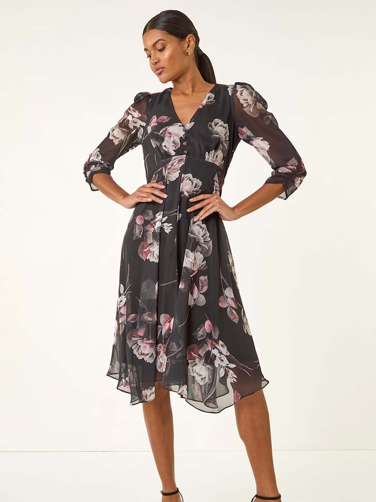 Roman Black Floral Print Hanky Hem Dress - Image 1 of 5 Roman Black Floral Print Hanky Hem Dress - Image 1 of 5