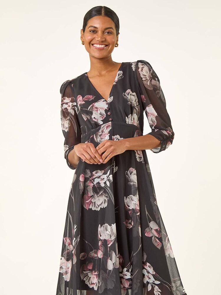 Roman Black Floral Print Hanky Hem Dress - Image 2 of 5 Roman Black Floral Print Hanky Hem Dress - Image 2 of 5