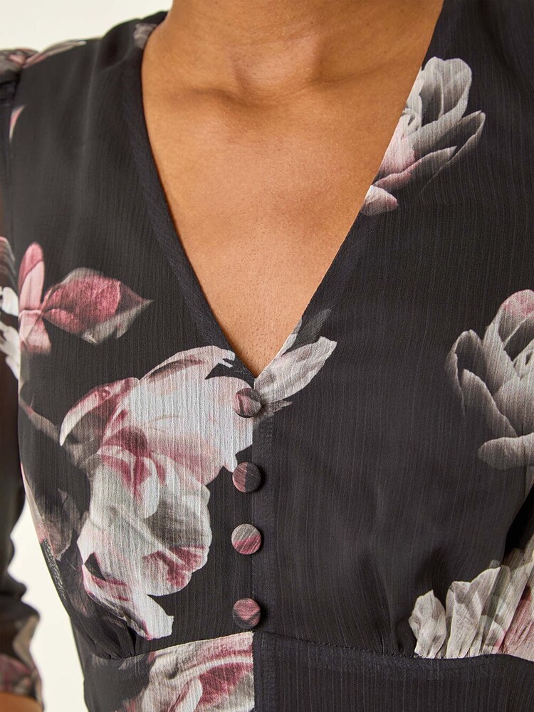 Roman Black Floral Print Hanky Hem Dress - Image 5 of 5 Roman Black Floral Print Hanky Hem Dress - Image 5 of 5