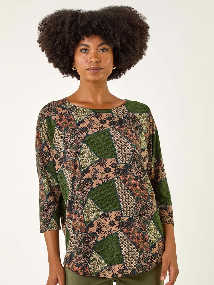 Roman Green Floral Patchwork Stretch T-Shirt - Image 1 of 5 Roman Green Floral Patchwork Stretch T-Shirt - Image 1 of 5