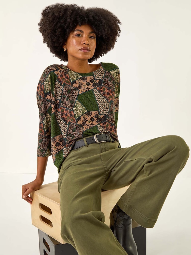 Roman Green Floral Patchwork Stretch T-Shirt - Image 2 of 5 Roman Green Floral Patchwork Stretch T-Shirt - Image 2 of 5