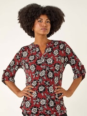 Roman Brown Floral Puff Print Stretch Blouse - Image 1 of 5
