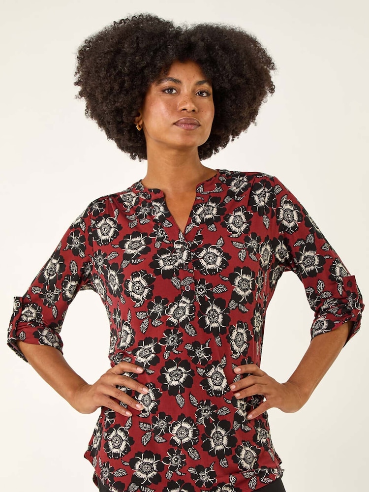 Roman Brown Floral Puff Print Stretch Blouse - Image 1 of 5 Roman Brown Floral Puff Print Stretch Blouse - Image 1 of 5