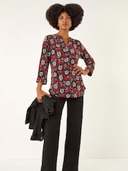 Roman Brown Floral Puff Print Stretch Blouse - Image 2 of 5