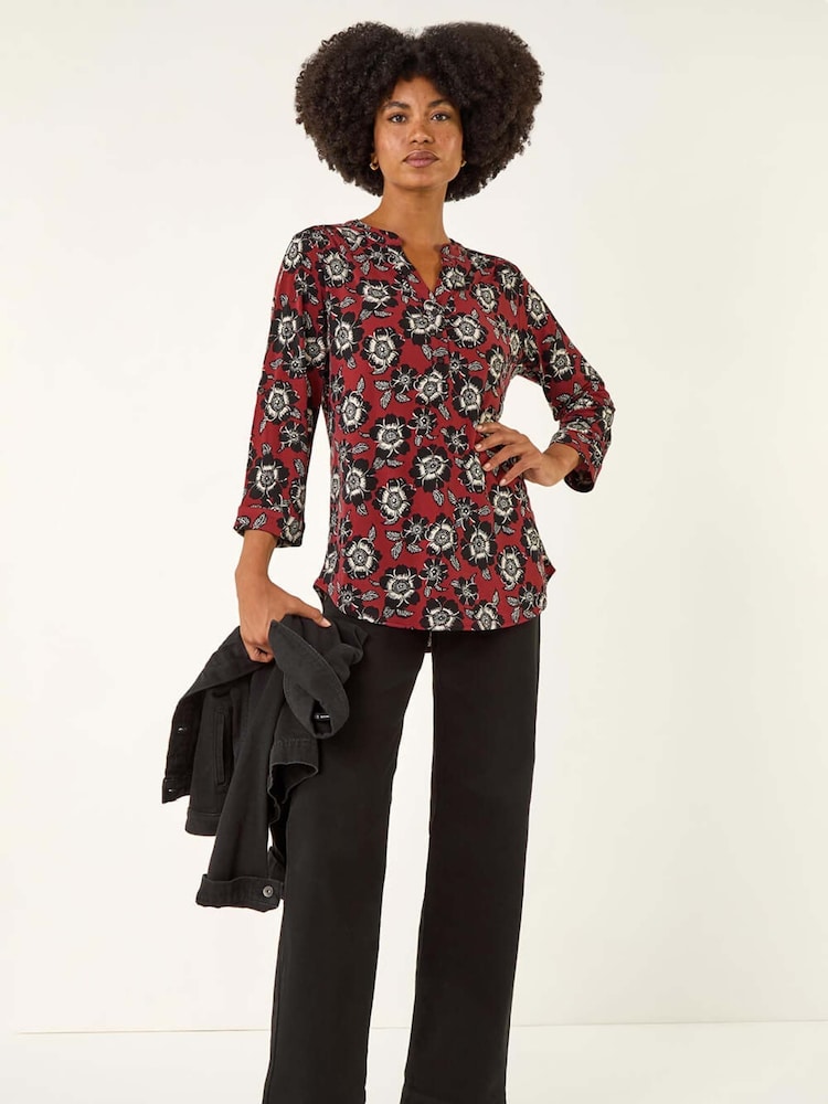 Roman Brown Floral Puff Print Stretch Blouse - Image 2 of 5 Roman Brown Floral Puff Print Stretch Blouse - Image 2 of 5