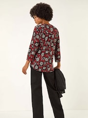 Roman Brown Floral Puff Print Stretch Blouse - Image 3 of 5