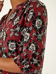 Roman Brown Floral Puff Print Stretch Blouse - Image 4 of 5