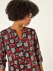 Roman Brown Floral Puff Print Stretch Blouse - Image 5 of 5