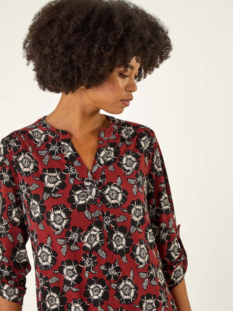 Roman Brown Floral Puff Print Stretch Blouse - Image 5 of 5 Roman Brown Floral Puff Print Stretch Blouse - Image 5 of 5