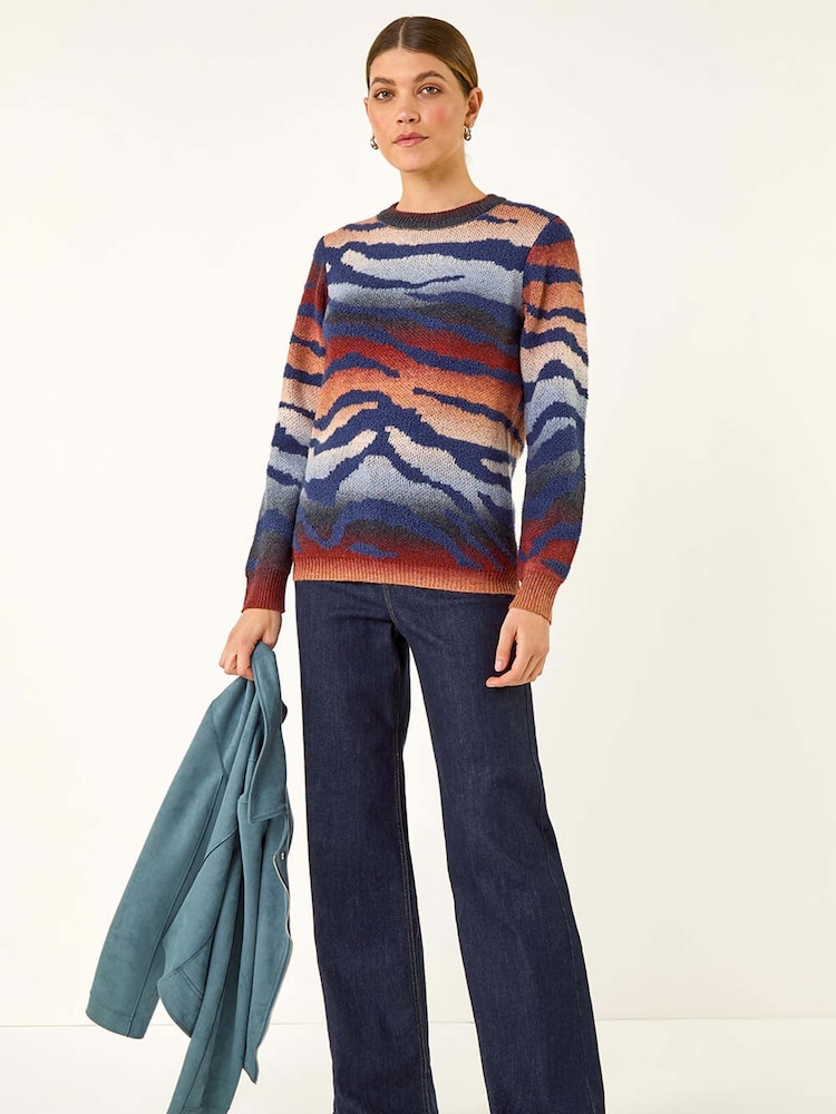 Roman Blue Contrast Animal Print Knit Jumper - Image 1 of 5