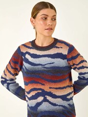 Roman Blue Contrast Animal Print Knit Jumper - Image 3 of 5