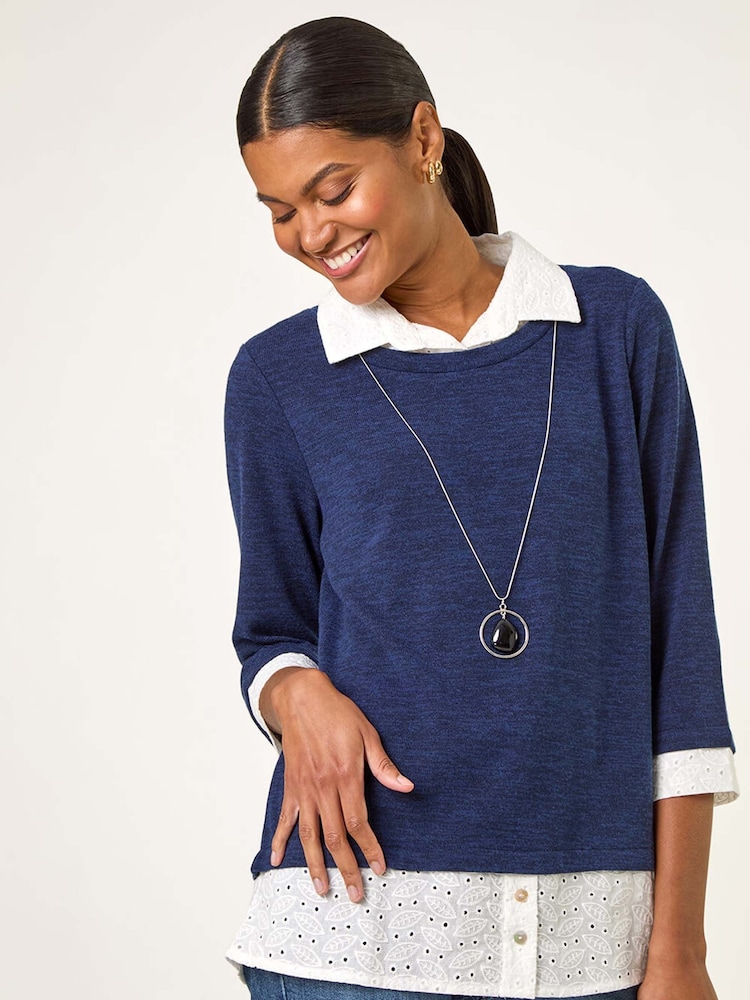 Roman Blue Mock Broderie Shirt Contrast Blouse - Image 1 of 5 Roman Blue Mock Broderie Shirt Contrast Blouse - Image 1 of 5