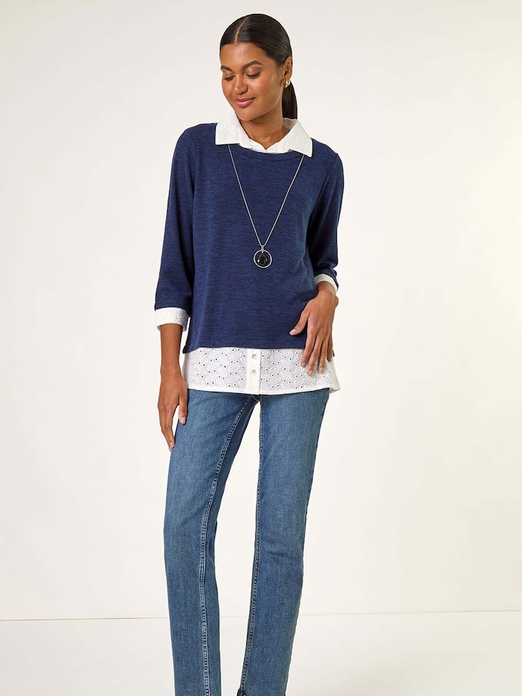 Roman Blue Mock Broderie Shirt Contrast Blouse - Image 2 of 5 Roman Blue Mock Broderie Shirt Contrast Blouse - Image 2 of 5